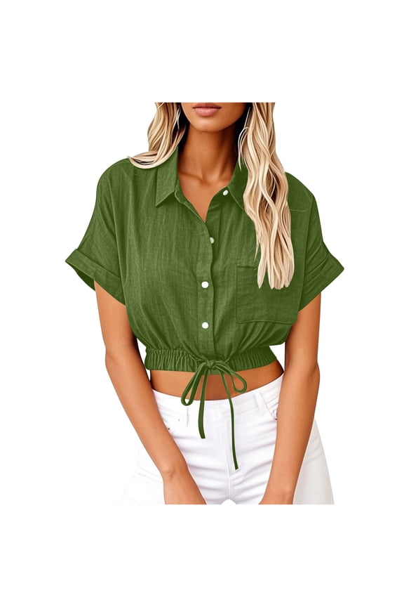 Womens Cotton Linen Button down Cropped Shirts Short Sleeve Casual Crop Tops Solid Lapel Blouse Shirt with Chest Pocket
