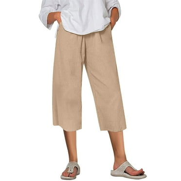 BLVB Womens Cotton Linen Capri Pants Elastic High Waist Pants Wide Leg Cropped Trousers Casual Loose Summer Beach Capris