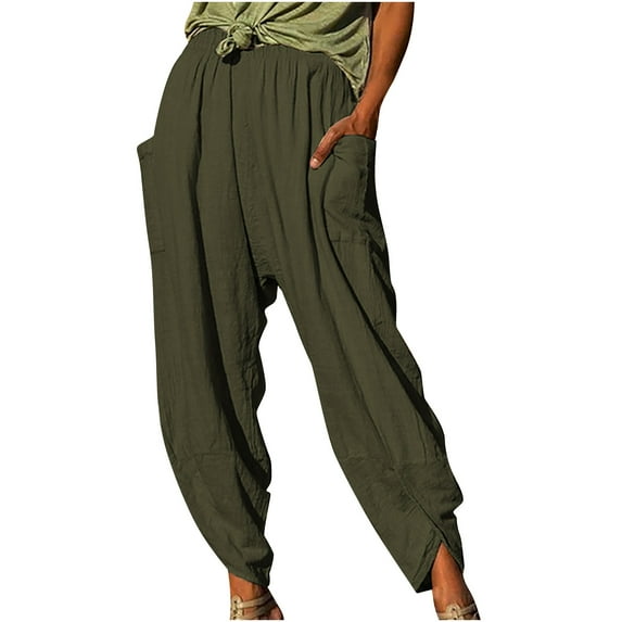 BLVB Womens Cotton Linen Harem Pants Elastic High Waist Solid Color Casual Loose Fit Lounge Beach Trousers with Pockets Army Green
