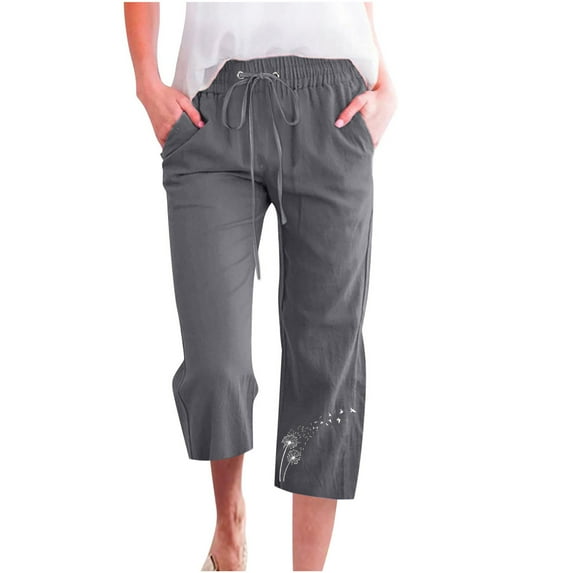 BLVB Womens Cotton Linen Pants Casual Summer Wide Leg Capris Baggy Beach Lounge Cropped Trousers with Pockets