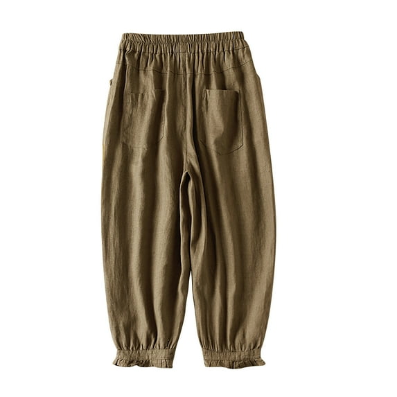 BLVB Womens Cotton Linen Pants Elastic High Waist Wide Leg Pants Casual Plus Size Lounge Trousers with Pockets