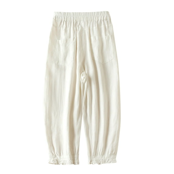 BLVB Womens Cotton Linen Pants Elastic High Waist Wide Leg Pants Casual Plus Size Lounge Trousers with Pockets