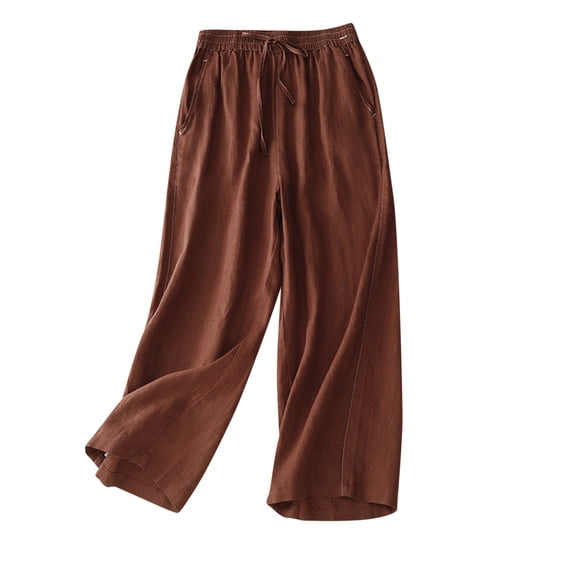 BLVB Womens Cotton Linen Pants Elastic Waist Drawstring Wide Leg Pants Casual Loose Cropped Trouser with Pockets