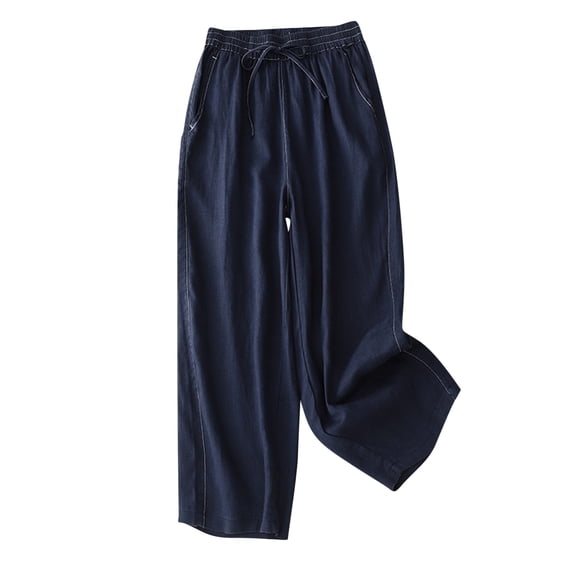 BLVB Womens Cotton Linen Pants Elastic Waist Drawstring Wide Leg Pants Casual Loose Cropped Trouser with Pockets