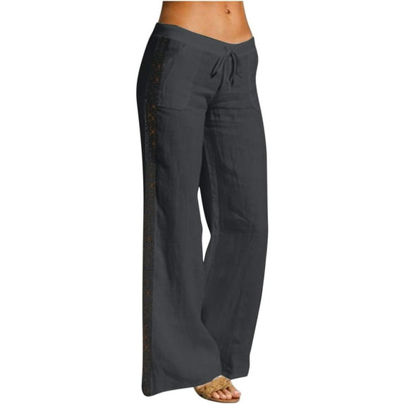 BLVB Womens Cotton Linen Pants Lace Hollow out Wide Leg Pants Drawstring Casual Solid Lounge Trouser with Pockets