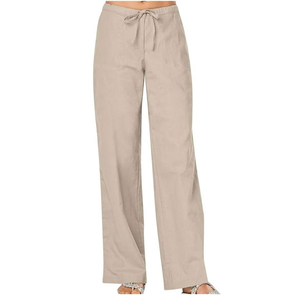 BLVB Womens Cotton Linen Pants Summer Wide Leg Pants Casual Loose Drawstring High Waisted Palazzo Beach Lounge Trousers