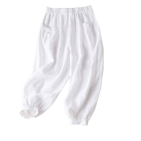 BLVB Womens Cotton Linen Pants with Pockets High Waist Comfy Tapered Capri Pants Casual Lightweight Loose Trousers