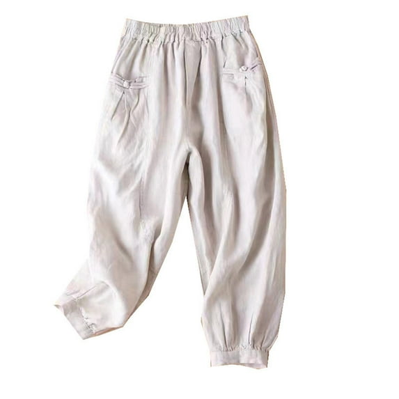 BLVB Womens Cotton Linen Pants with Pockets High Waist Comfy Tapered Capri Pants Casual Lightweight Loose Trousers