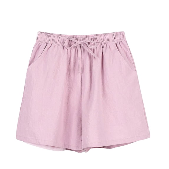 BLVB Womens Cotton Linen Shorts Elastic Waist Drawstring Casual Loose Summer Beach Wide Leg Shorts with Pockets