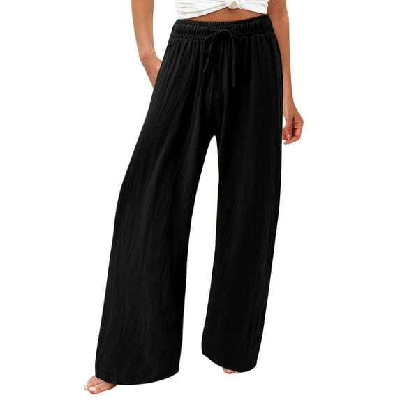 BLVB Womens Cotton Linen Wide Leg Pants Summer Casual Loose Palazzo Trousers Elastic Drawstring Waist Beach Pants