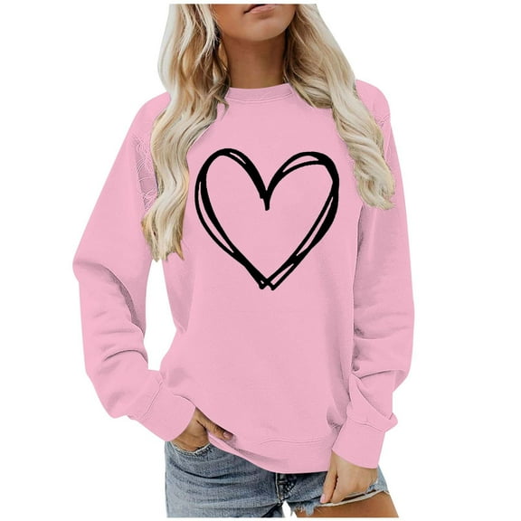 BLVB Womens Crewneck Sweatshirt Heart Print Long Sleeve Cute Pullover Loose Lightweight Fall Tops Valentine's Day Gifts