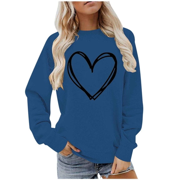 BLVB Womens Crewneck Sweatshirt Heart Print Long Sleeve Cute Pullover Loose Lightweight Fall Tops Valentine's Day Gifts
