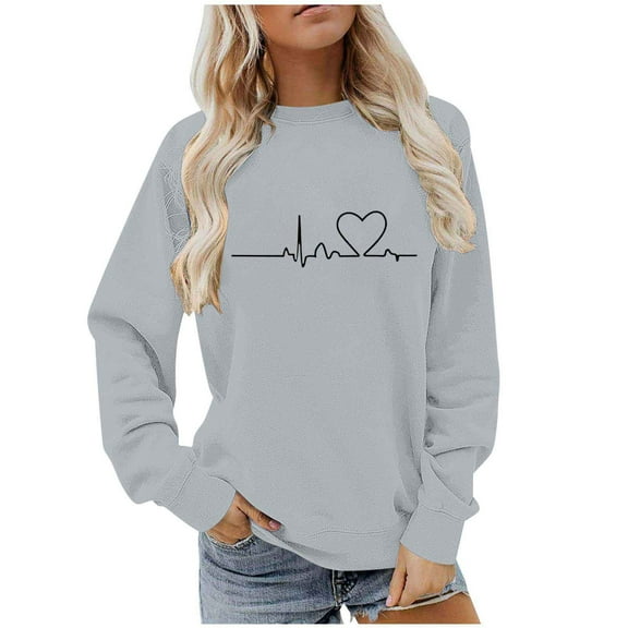 BLVB Womens Crewneck Sweatshirt Heart Print Long Sleeve Cute Pullover Loose Lightweight Fall Tops Valentine's Day Gifts
