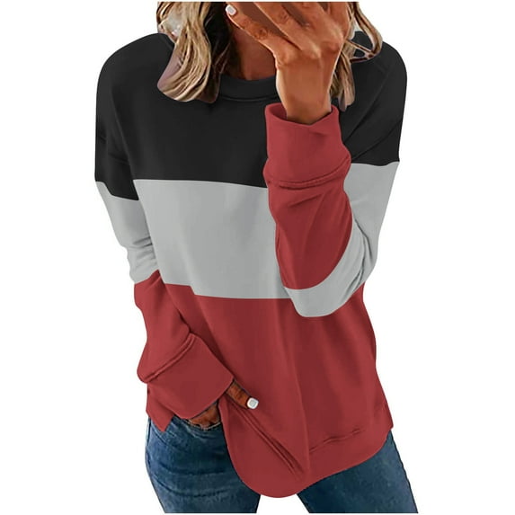 BLVB Womens Crewneck Sweatshirts Trendy Fall Long Sleeve Loose Pullover Dressy Casual Ladies Color Block Blouse Red