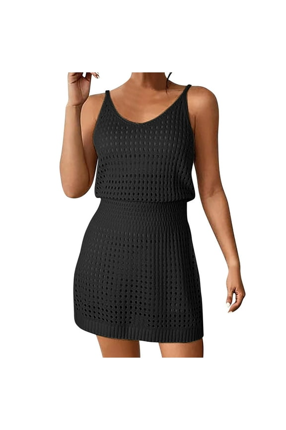 Womens Crochet Swimsuit Coverup Sleeveless Bathing Suit Beach Cover up Knit Summer Dress for Women