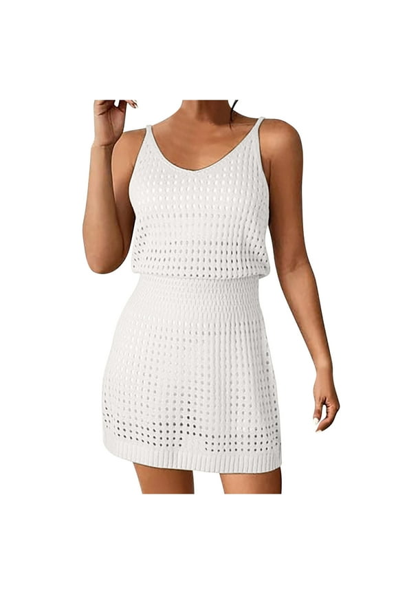 Womens Crochet Swimsuit Coverup Sleeveless Bathing Suit Beach Cover up Knit Summer Dress for Women