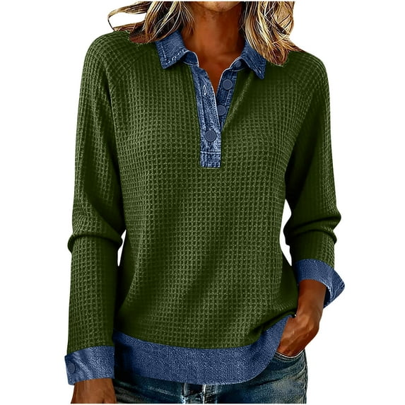 BLVB Womens Denim Lapel Sweatshirts Casual Long Sleeve Button down Knit Pullover Sweaters Fall Fashion Outfits