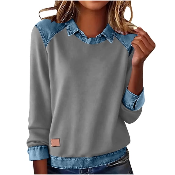 BLVB Womens Denim Lapel Sweatshirts Casual Loose Long Sleeve Patchwork Pullover Fall Fashion Outfits