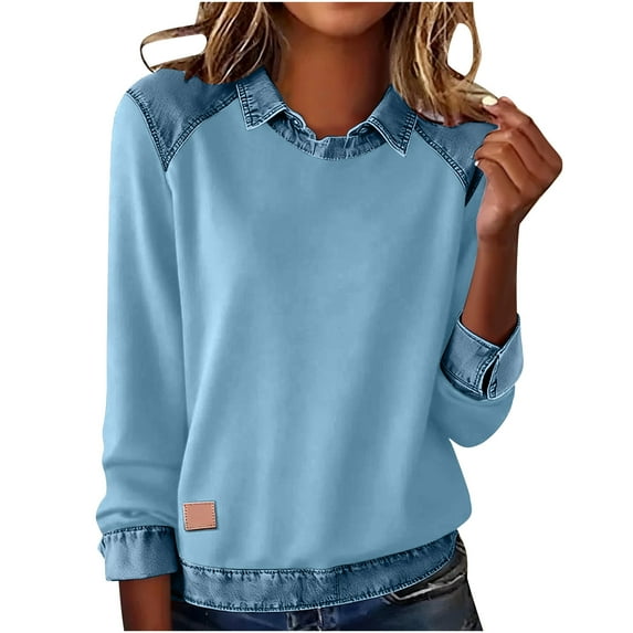 BLVB Womens Denim Lapel Sweatshirts Casual Loose Long Sleeve Patchwork Pullover Fall Fashion Outfits