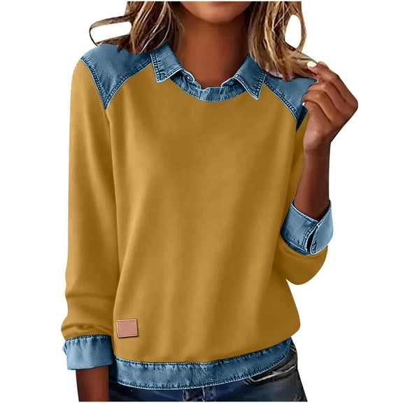BLVB Womens Denim Lapel Sweatshirts Casual Loose Long Sleeve Patchwork Pullover Fall Fashion Outfits