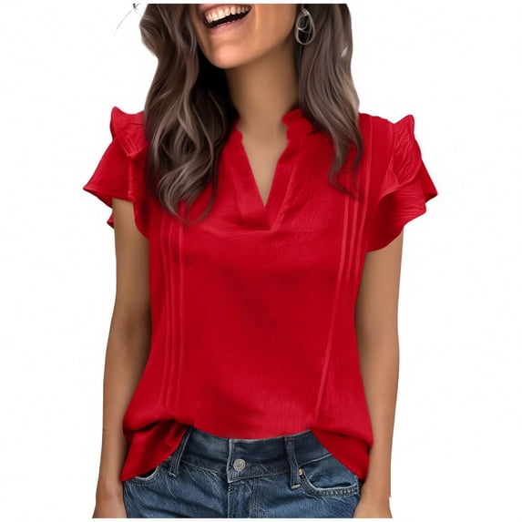 BLVB Womens Dressy Casual Tops Ruffle Short Sleeve V Neck Shirts Elegant Business Work Blouse Spring Summer Outfits Fashion Clothes
