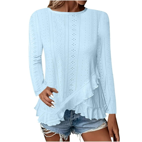 BLVB Womens Eyelet Tops Long Sleeve Tunic Blouse Dressy Shirts Ruffle Asymmetrical Hem Spring Fall Fashion Clothes Trendy Tops