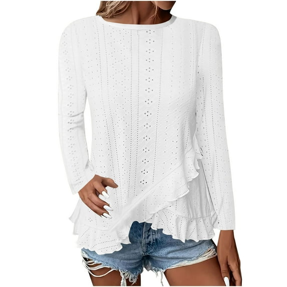 BLVB Womens Eyelet Tops Long Sleeve Tunic Blouse Dressy Shirts Ruffle Asymmetrical Hem Spring Fall Fashion Clothes Trendy Tops