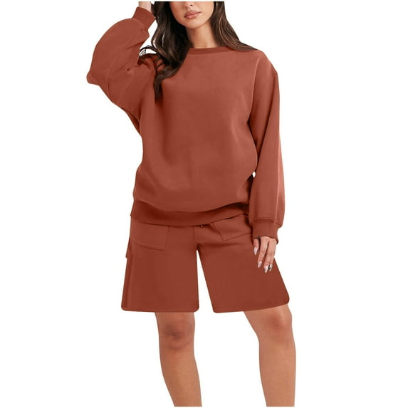 BLVB Womens Fall 2 Piece Lounge Outfits Long Sleeve Crewneck Sweatshirts Knee Length Shorts Pajamas Jogger Tracksuits Sets