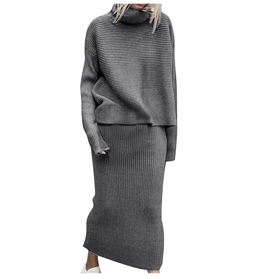BLVB Womens Fall 2 Piece Outfits Ribbed Knit Turtleneck Long Sleeve Pullover Sweaters and Maxi Skirts Sets