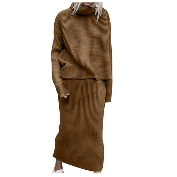 BLVB Womens Fall 2 Piece Outfits Ribbed Knit Turtleneck Long Sleeve Pullover Sweaters and Maxi Skirts Sets