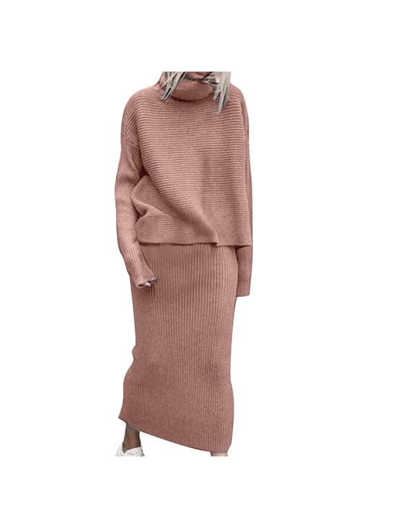 Womens Fall 2 Piece Outfits Ribbed Knit Turtleneck Long Sleeve Pullover Sweaters and Maxi Skirts Sets