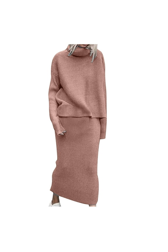 Womens Fall 2 Piece Outfits Ribbed Knit Turtleneck Long Sleeve Pullover Sweaters and Maxi Skirts Sets