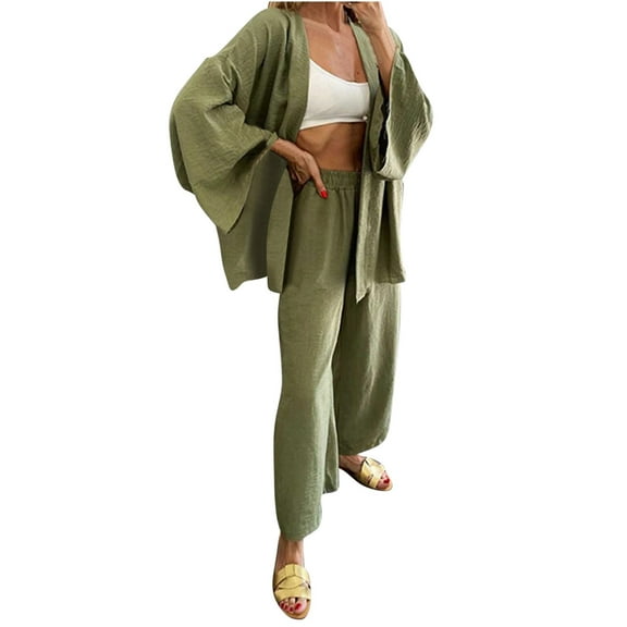 BLVB Womens Fall Cotton Linen Two Piece Outfits Long Sleeve Open Front Cardigan Wide Leg Pants Fashion Lounge Sets