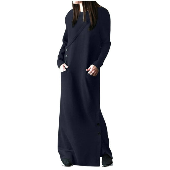 BLVB Womens Fall Maxi Sweatshirt Dress Long Sleeve Crewneck Side Slit Long Pullover Tops Casual Tunic Dress with Pockets