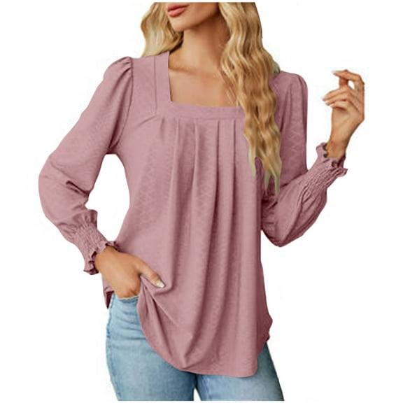 BLVB Womens Fall Spring Shirts Square Neck Pleated Long Sleeve Tunic Tops Casual Ladies Going out Blouse Tees