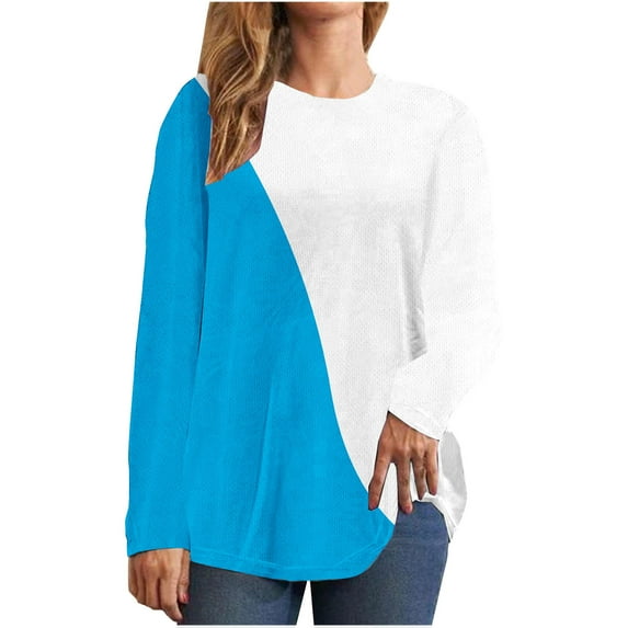 BLVB Womens Fall Spring Tops Trendy Color Block Crewneck Long Sleeve Casual Loose Going out Blouse