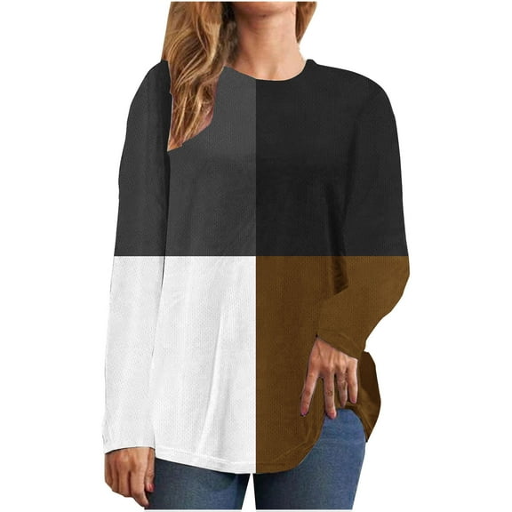 BLVB Womens Fall Spring Tops Trendy Color Block Crewneck Long Sleeve Casual Loose Going out Blouse