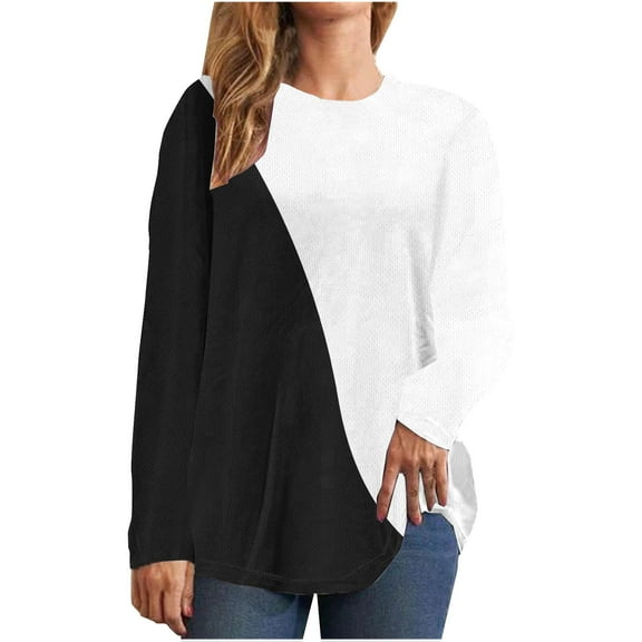 BLVB Womens Fall Spring Tops Trendy Color Block Crewneck Long Sleeve Casual Loose Going out Blouse