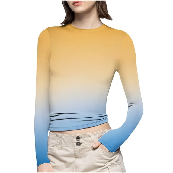 BLVB Womens Fall Spring Tops Trendy Gradient Crew Neck Long Sleeve Basic Blouse Casual Slim Comfy Plus Size T-Shirts