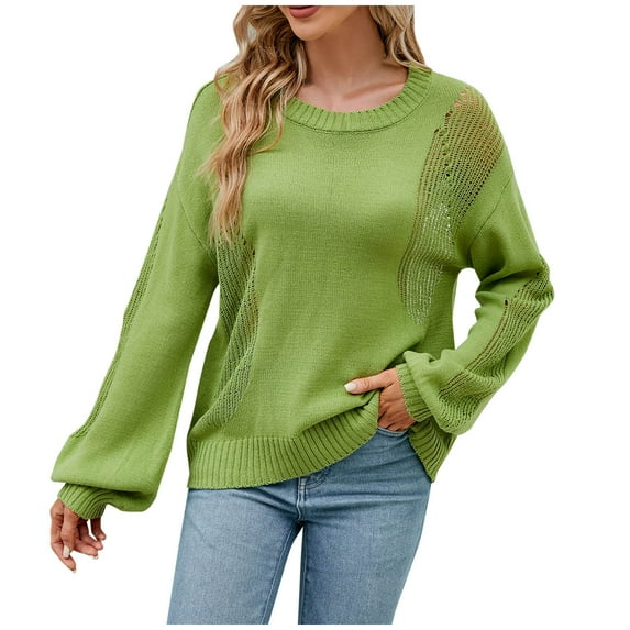 BLVB Womens Fall Sweaters 2024 Trendy Hollow out Crew Neck Long Sleeve Casual Loose Knit Pullover Sweater Tops