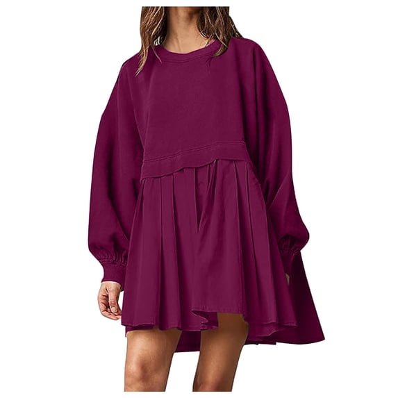 BLVB Womens Fall Sweatshirt Dress Long Sleeve Crewneck Pullover Dress Tops Loose Pleated Mini Dress Womens Clothes