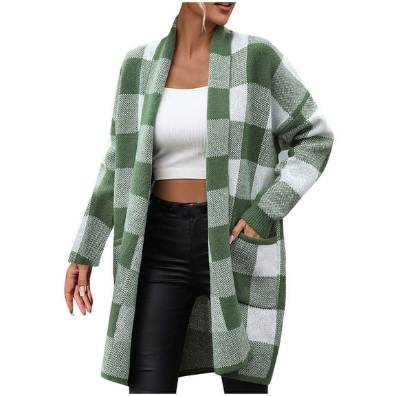 BLVB Womens Fall Winter Long Cardigans Plaid Long Sleeve Open Front Oversized Knit Sweaters Outerwear with Pockets