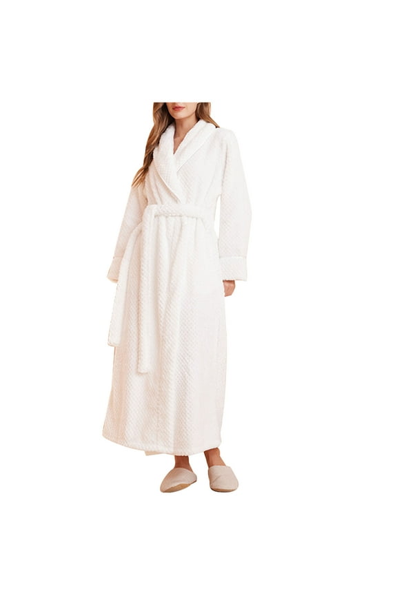 Womens Fleece Long Robe Soft Warm Bathrobe Full Length Fuzzy Plush Loungewear Belted Bathrobes with Pockets