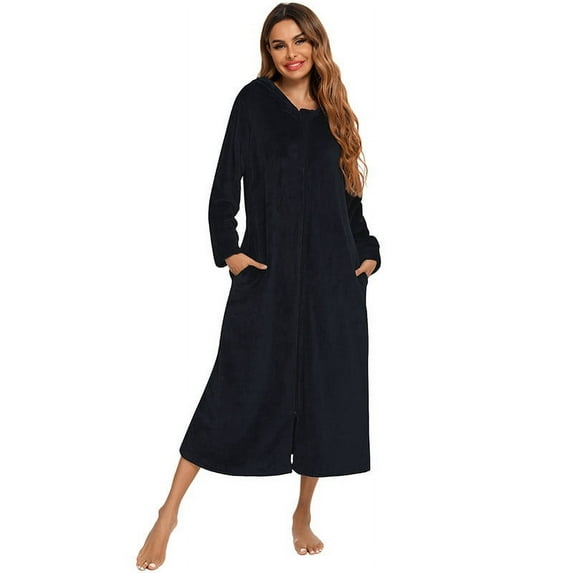 BLVB Womens Fleece Robe Plush Long Zip Front Hooded Bathrobe with Pockets Warm Soft Housecoat Sleepwear for Women