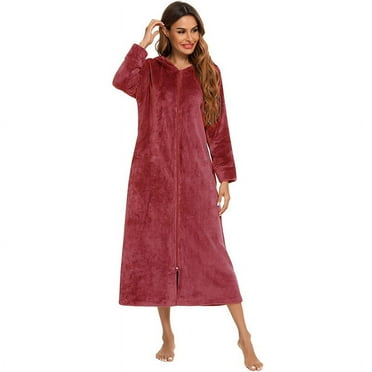 BLVB Womens Fleece Robe Plush Long Zip Front Hooded Bathrobe with Pockets Warm Soft Housecoat Sleepwear for Women