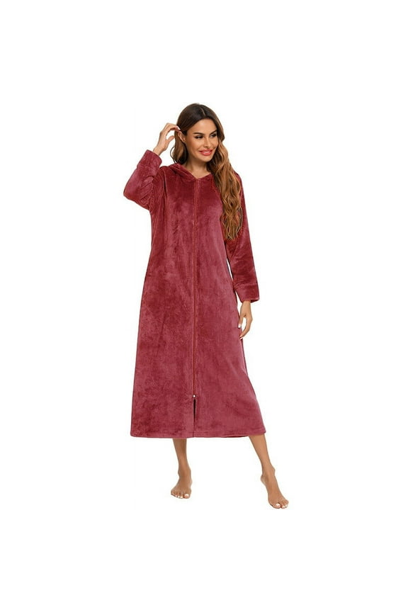 Womens Fleece Robe Plush Long Zip Front Hooded Bathrobe with Pockets Warm Soft Housecoat Sleepwear for Women