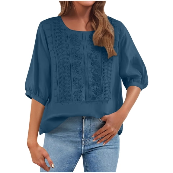 BLVB Womens Floral Embroidered Tops Casual Summer Boho T Shirts Loose Fit Half Sleeve Blouses Vacation Clothes