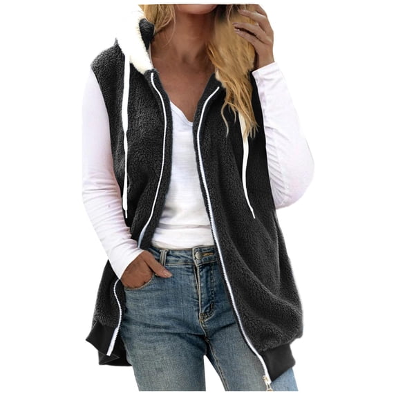 BLVB Womens Fuzzy Fleece Hooded Jacket Lightweight Vest Cozy Sleeveless Cardigan Zipper Waistcoat Outerwear for Fall/Winter