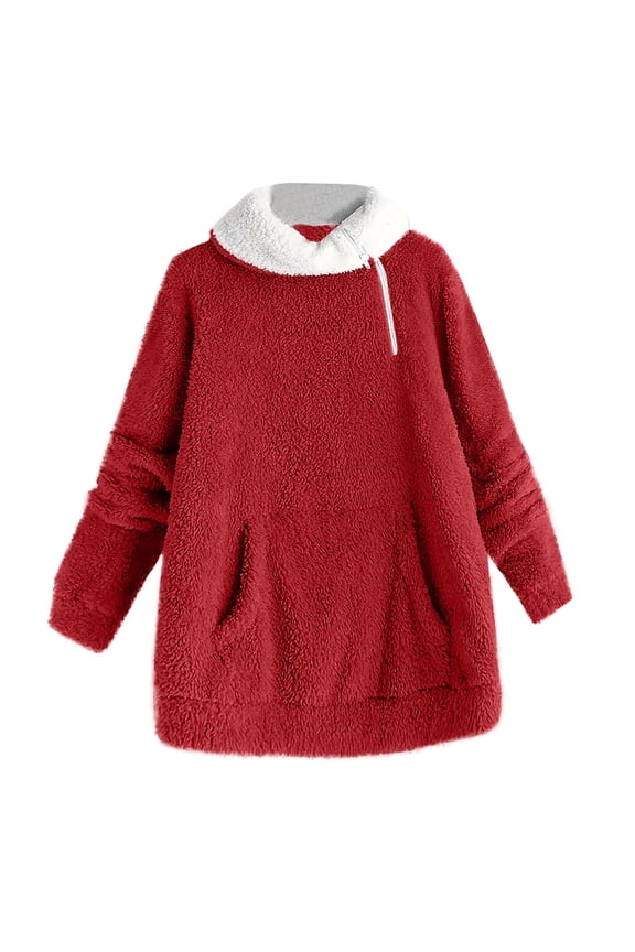 Womens Fuzzy Sherpa Sweatshirt Long Sleeve Fluffy Mock Neck Pullover Cozy Basic Fall Winter Warm Tops with Pocket