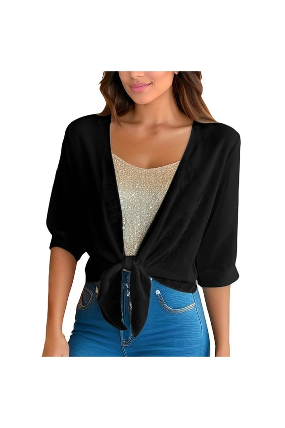 Womens Half Sleeve Shrug Sheer Mesh Cardigans Tie Front Cropped Lightweight Chiffon Shawl Top for Casual Going Out